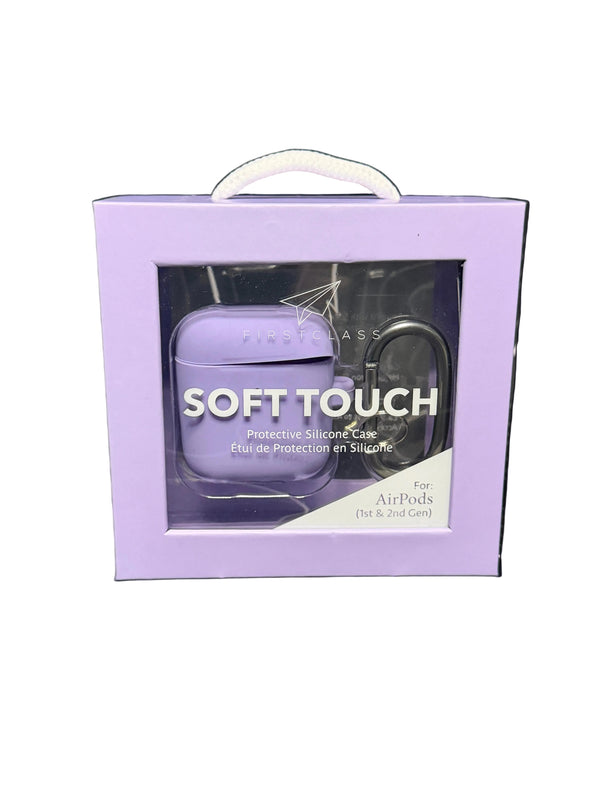 Purple earbud case with 'Soft Touch' text in a box on a black and white patterned background