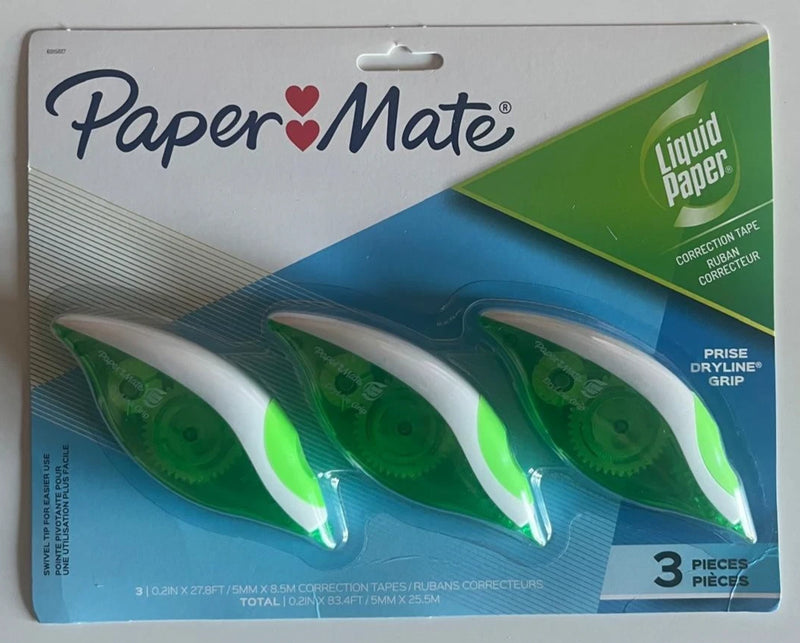 Paper Mate Liquid Paper DryLine Grip Correction Tape, Pack of 3