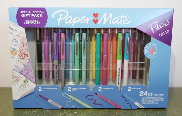 Paper Mate - Flair 24pk Felt Tip Pens - 4 Tips Styles Multicolored Gift - New !!